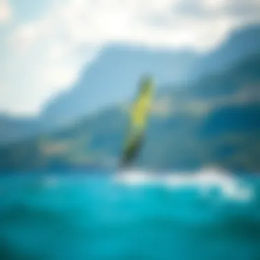 A scenic backdrop of a windsurfer gliding above the water surface