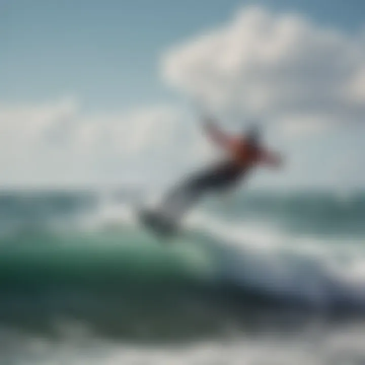 A breathtaking view of a kiteboarder soaring through the waves