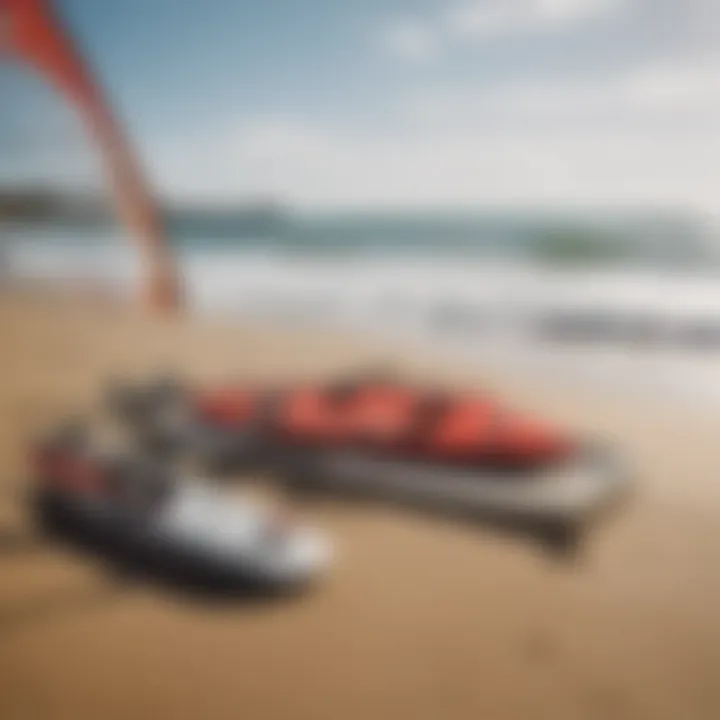 A close-up of wind surfing equipment laid out on the beach