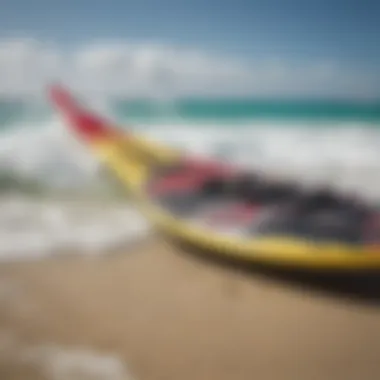 A close-up of kiteboarding equipment, including a kite and board, emphasizing the importance of gear selection