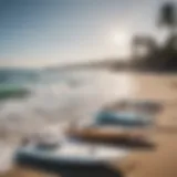 A stunning view of a beach with electric surfboards lined up for sale.