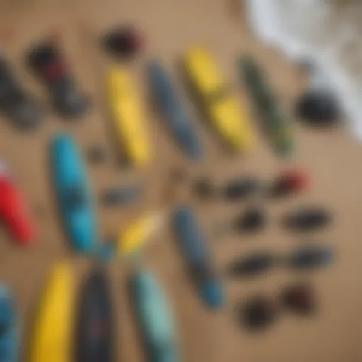 A close-up of various kitesurfing gear laid out on a textured surface.