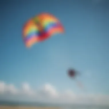 A vibrant trainer kite soaring in the blue sky