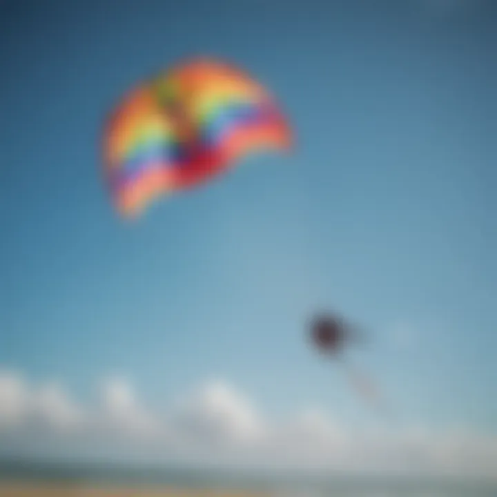 A vibrant trainer kite soaring in the blue sky