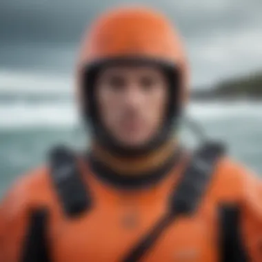 Close-up of the Ocean Rodeo dry suit's features emphasizing functionality