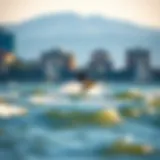 A kiteboarder soaring over the waves at Richmond's waterfront during high tide
