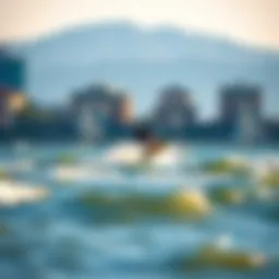 A kiteboarder soaring over the waves at Richmond's waterfront during high tide