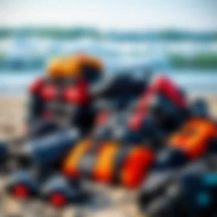 Kiteboarding Gear Utility Kiteboarding gear arranged to demonstrate the utility of neoprene blocks