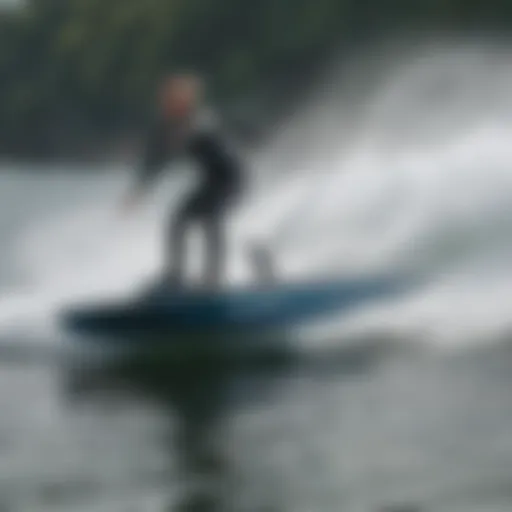 A sleek motorized wake foil board gliding through sparkling water