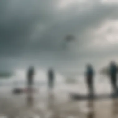 Group of kiteboarders discussing strategies based on weather forecasts