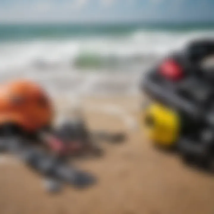 A detailed view of maintenance tools and safety equipment for kiteboarding