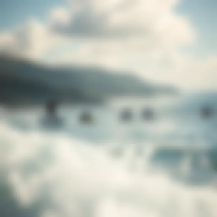 A scenic view of a group of hover paddle boarders exploring a beautiful coastline.