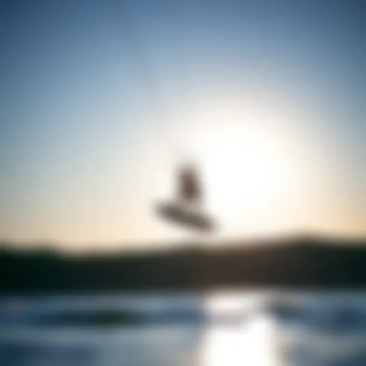 A kiteboarder elegantly maneuvering over water using a hydrofoil board kit, highlighting dynamic performance.