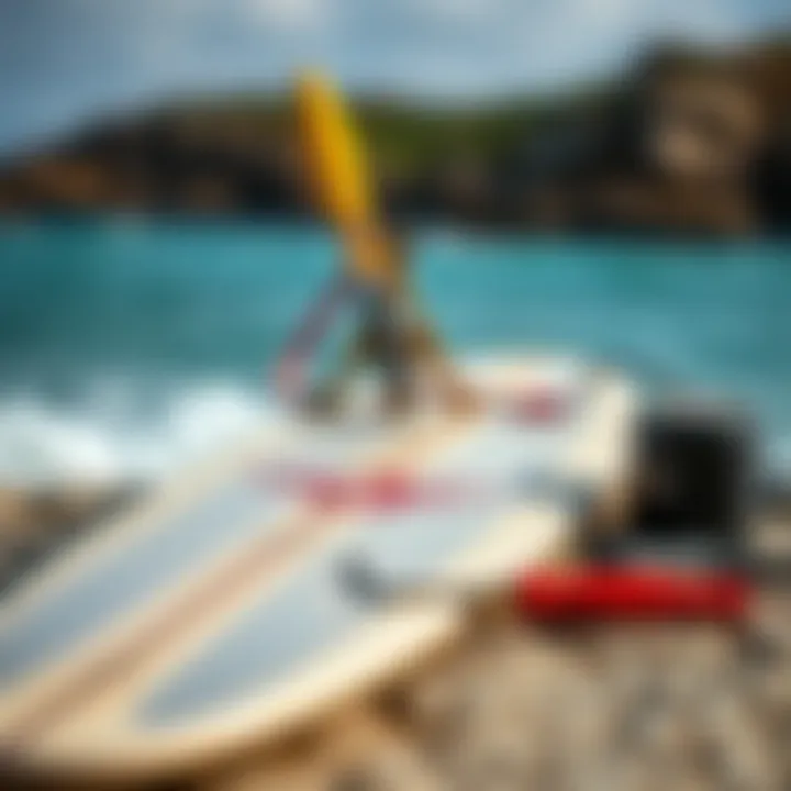 A detailed view of maintenance tips for hydrofoil boards, including care products and tools.