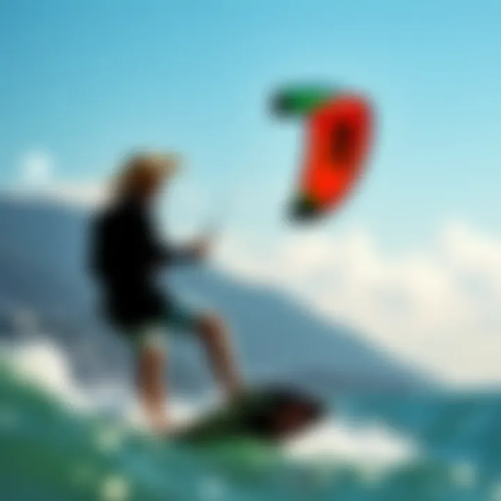 Kiteboarding in Action with Core Kites A scenic kiteboarding spot with a vibrant Core kite soaring in the sky