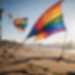 Vibrant used kites displayed on a beach