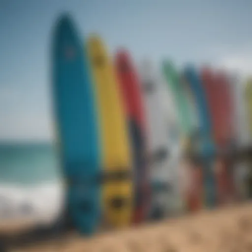 A collection of various used kitesurf boards lined up for inspection