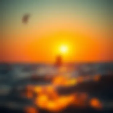 Sunset Kiteboarding Adventure A kiteboarder gliding across the shimmering water at sunset