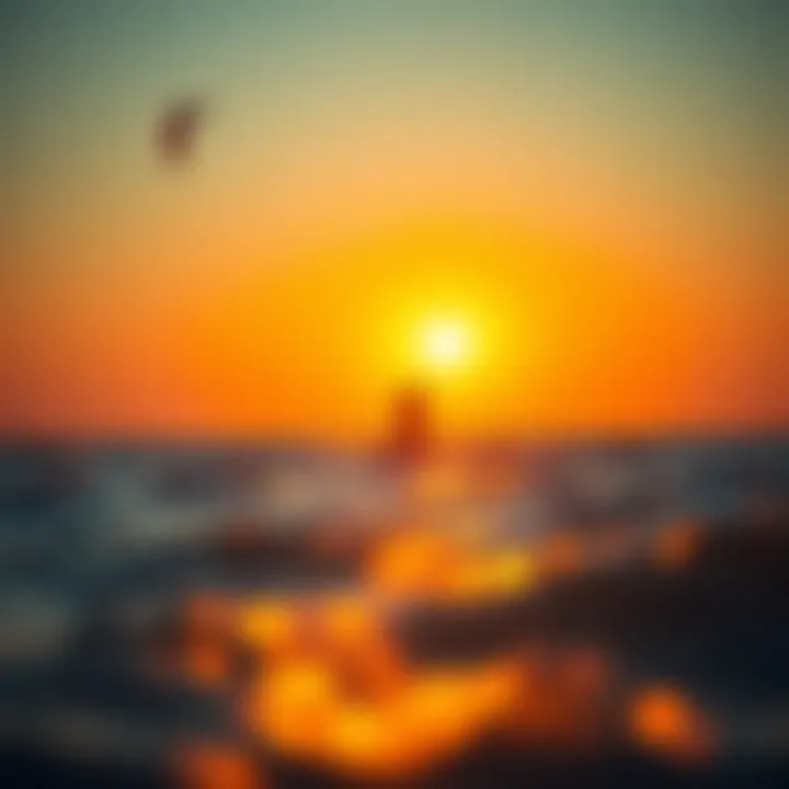 Sunset Kiteboarding Adventure A kiteboarder gliding across the shimmering water at sunset