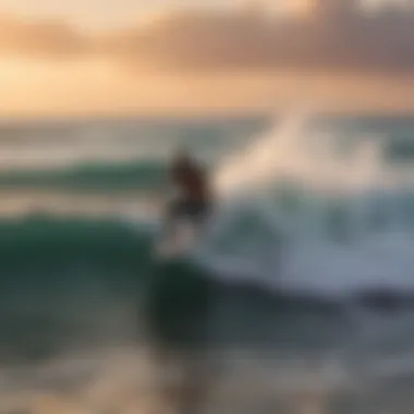 A surfer riding the waves at Tulum's pristine beach during sunset