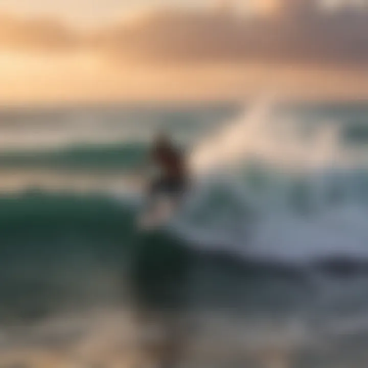 A surfer riding the waves at Tulum's pristine beach during sunset