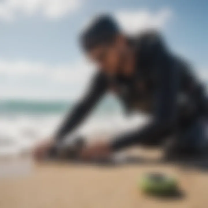 Kiteboarding enthusiast inspecting gear before purchase