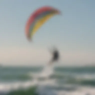 Close-up of a kiteboarder launching their kite against the backdrop of Venice Beach