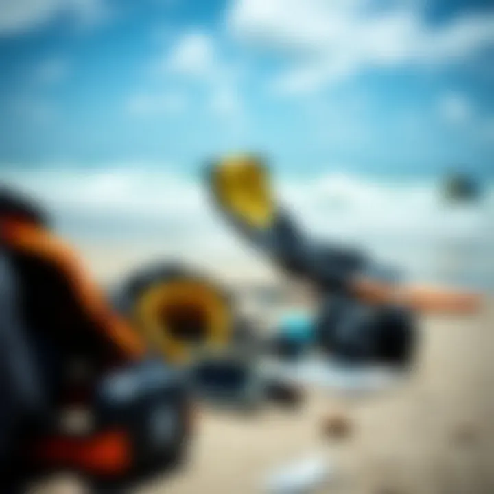 Safety equipment for kiteboarding laid out on the beach