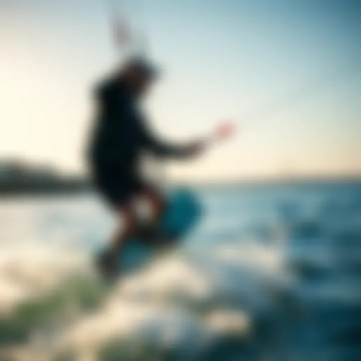Catching the Breeze: The Thrill of Kiteboarding Close-up of a kiteboarder catching the breeze along the scenic shoreline