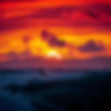 Sunset Adventures: Kiteboarding at Dusk Dramatic sunset illuminating kiteboarders against a backdrop of vibrant skies