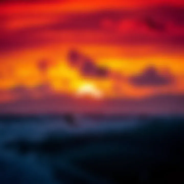 Sunset Adventures: Kiteboarding at Dusk Dramatic sunset illuminating kiteboarders against a backdrop of vibrant skies