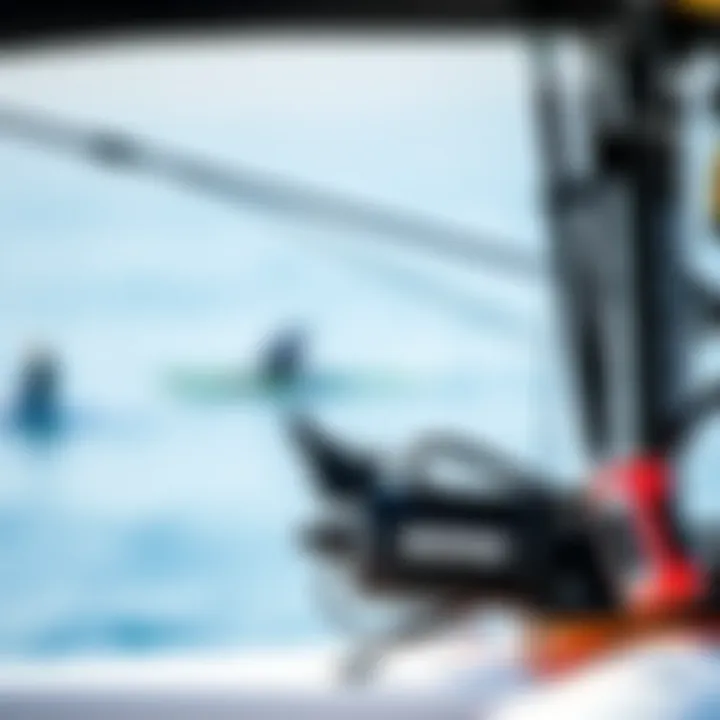 Close-up of wing surfing equipment showing the wing and board