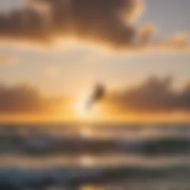 Kiteboarders riding the waves against a picturesque sunset