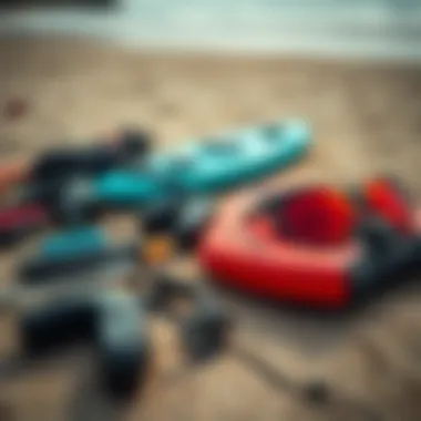 Close-up of essential fly surfing gear laid out on the beach.