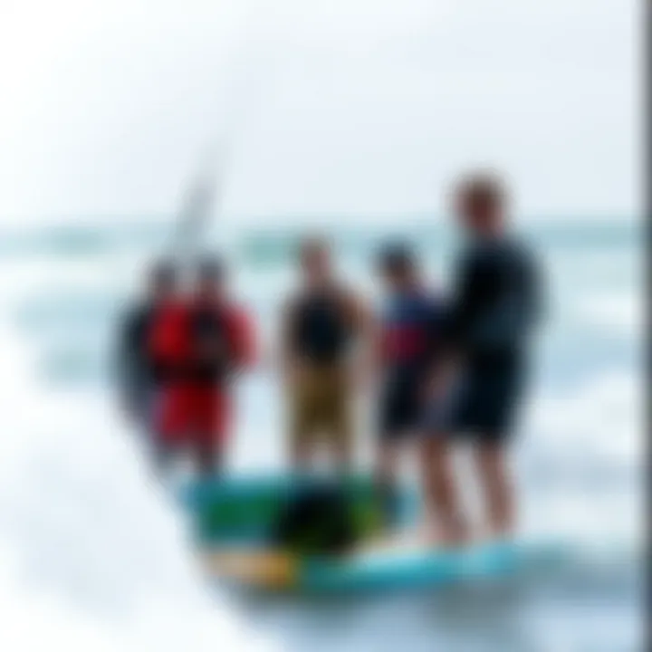 Collaborative Learning in Kiteboard Training Group of kiteboarders discussing techniques