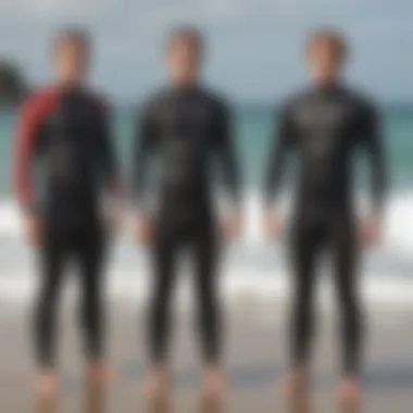 Thickness variations of wetsuits shown side by side