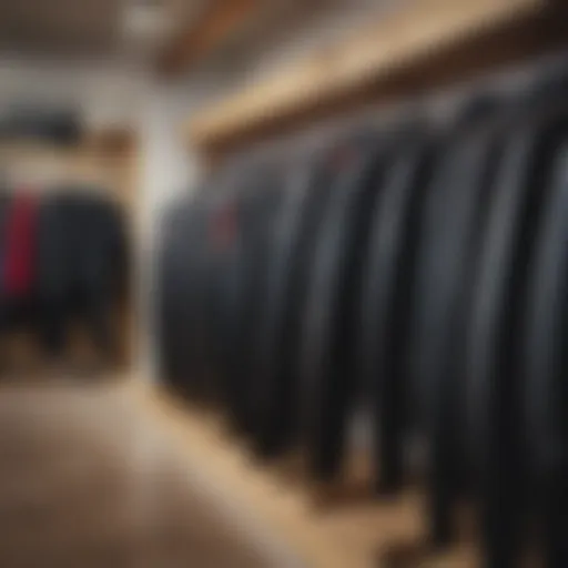Different types of wetsuits displayed on a rack