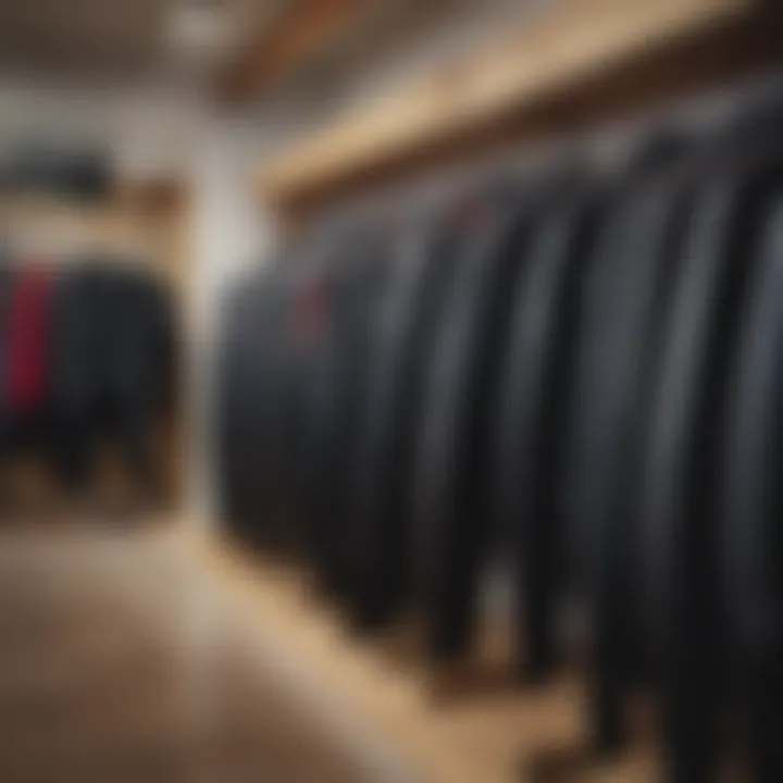 Different types of wetsuits displayed on a rack