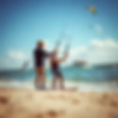 An instructor guiding a student during a kiteboarding lesson on the beach