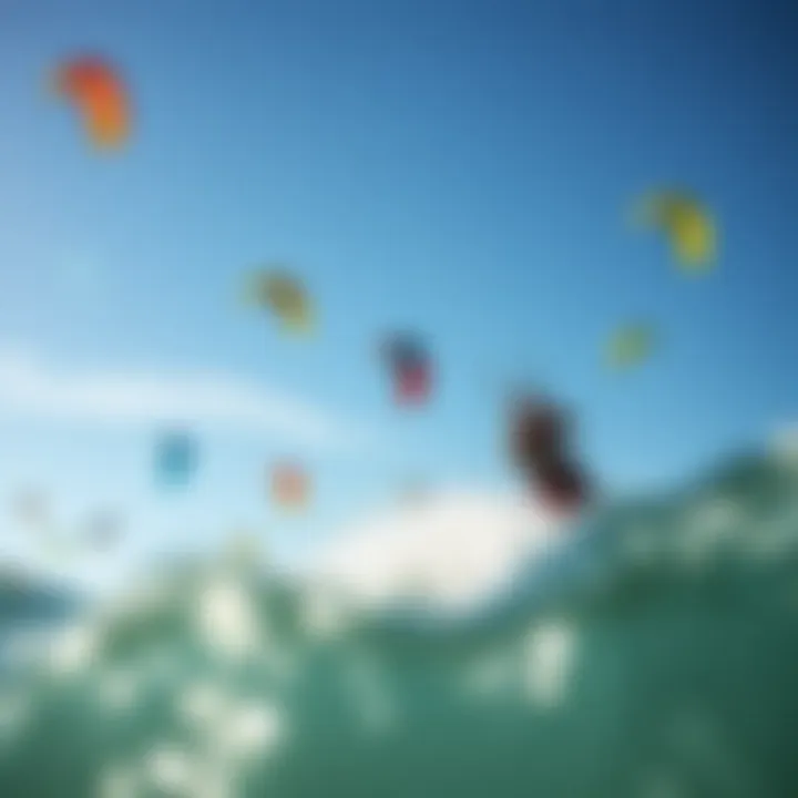 A vibrant kiteboarding scene showcasing various colorful kites in the sky