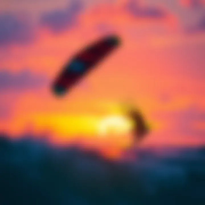 A vibrant sunset backdrop showcasing a kite foiler in action