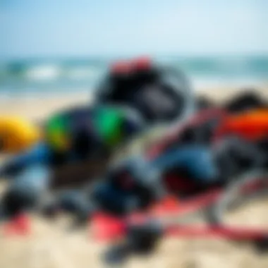 A close-up of essential kiteboarding gear laid out for preparation