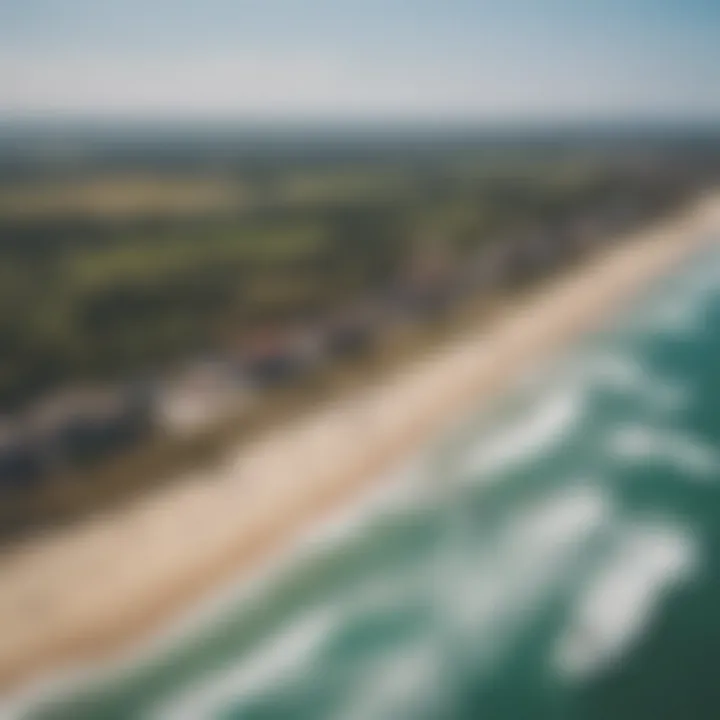 An aerial shot of a kiteboarding event with multiple participants