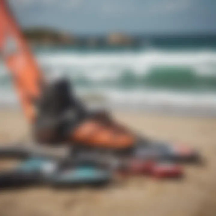 A collection of various kiteboarding equipment displayed on the beach