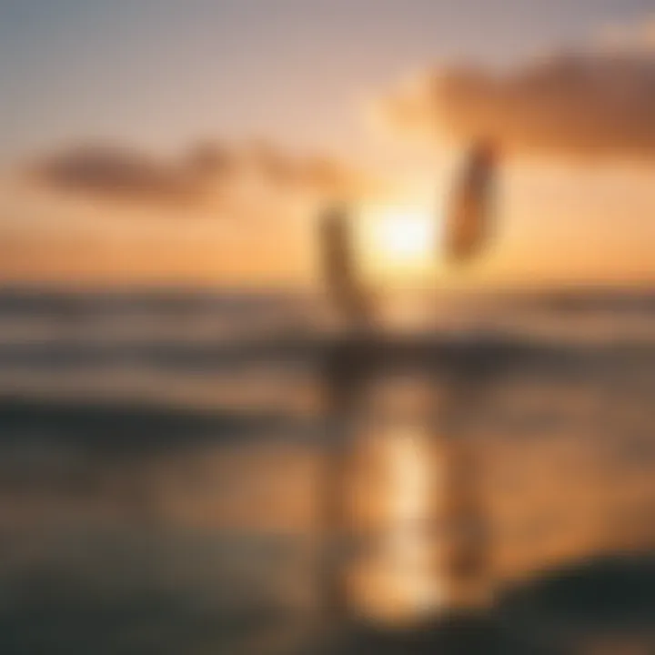 A vibrant sunset view with kiteboarders enjoying the waves