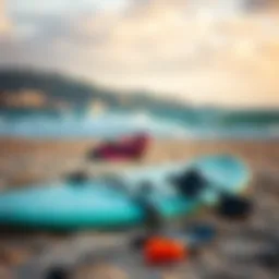 Kite surfing gear laid out on the beach