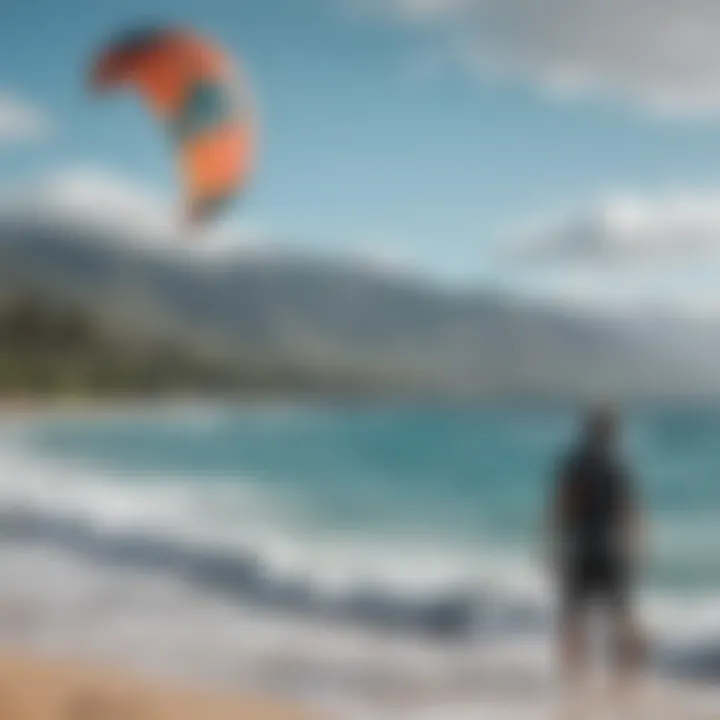 An instructor demonstrating kite control techniques on a sunny beach in Maui, with clear blue waters in the background.