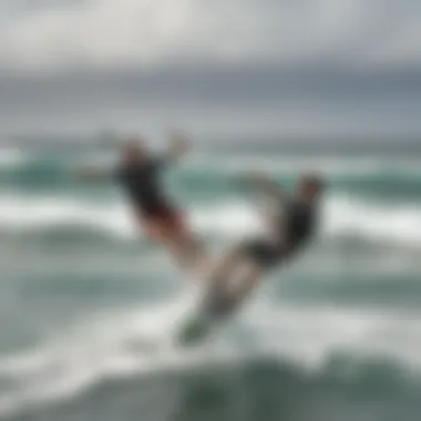 A group of enthusiastic learners enjoying their kite surf lessons, with the majestic Hawaiian waves in the background.