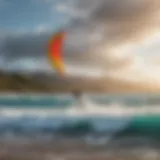 A vibrant kite surf scene capturing the essence of Maui's coastline with colorful kites soaring in the sky.