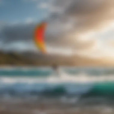 A vibrant kite surf scene capturing the essence of Maui's coastline with colorful kites soaring in the sky.